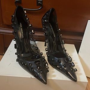 Beautiful good American jeweled clear blk heels. Sz 9
